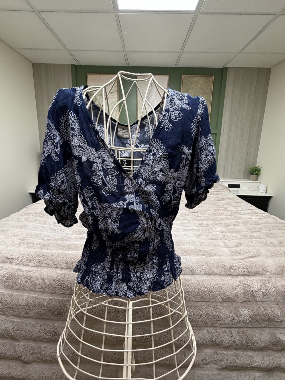Paper Crane Navy Paisley Wrap Blouse with Smocked Waist
